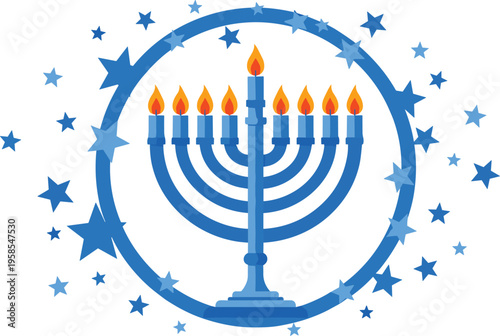 Blue and orange menorah with lit candles surrounded by stars in a circular pattern