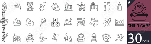 Minimal child care line icons for kids, parenting, baby, nursery, toys, and early education. Perfect for childcare apps, parenting platforms, and educational projects