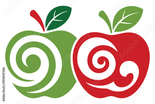 Stylized swirl apple fruit silhouettes with leaves and stems creative nature icons isolated on transparent background for logo design set
