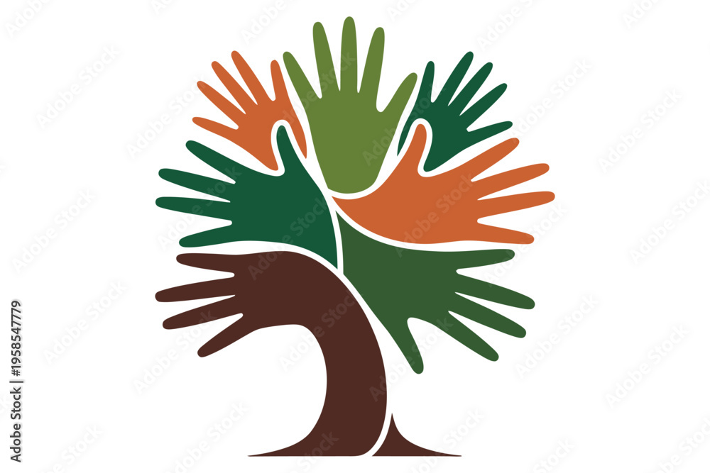 Obraz premium Tree of hands vector illustration with colorful palm branches representing unity diversity community support and environmental conservation