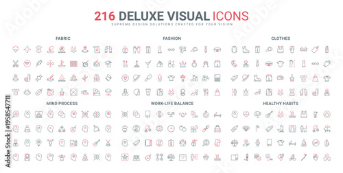 Healthy habits and mindset management, fashion and beauty cosmetics, clothing for men and women line icon set. Yoga, skills, work life balance thin black and red outline symbols vector illustration
