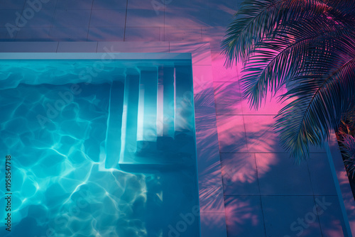 Aerial View of Luxury Swimming Pool at Night with Neon Cyan and Pink Lights Minimal Tropical Aesthetic