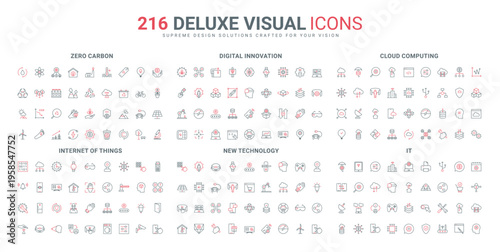 Carbon zero emissions, cloud computing, innovation line icon set. Protection and processing of information in databases, digital network technology thin black red outline symbols vector illustration