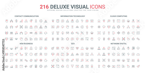New project, information technology, and cloud connection, data exchange line icon set. Online and offline communication, conflict and dialog thin black and red outline symbols vector illustration