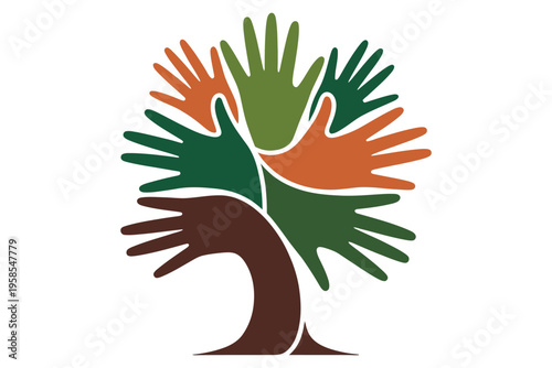 Tree of hands vector illustration with colorful palm branches representing unity diversity community support and environmental conservation