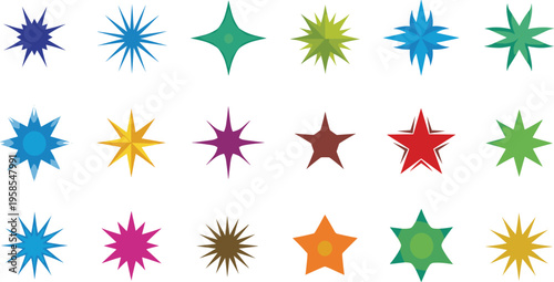 Colorful geometric star shapes with various colors and styles blue green