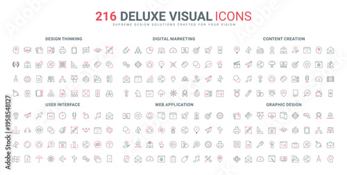 UI and web applications, filters and marketing tasks, content creation by author line icon set. Designer portfolio, graphic design drawing tools thin black and red outline symbols vector illustration