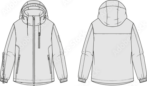Technical hooded parka jacket design template vector, mens winter outerwear mockup with front and back view, black and white apparel sketch.