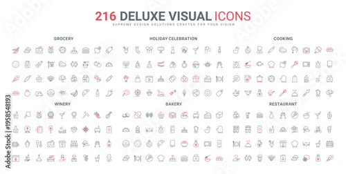 Restaurant and bar menu, delivery service, chefs equipment for cooking line icon set. Holiday gift, wine and food, winemaking, grocery store thin black and red outline symbols vector illustration