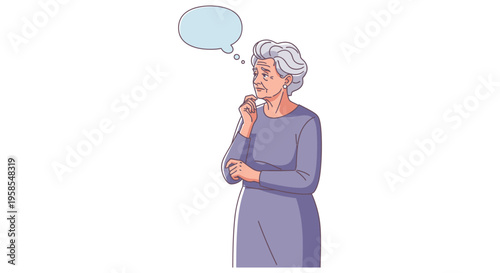 A thoughtful elderly woman in a purple dress appears to ponder a question depicted as a silhouette high quality professional detailed