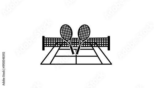 A tennis icon illustration of two rackets on a court with net