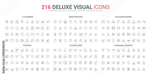 Business leader career growth, startup project, workers mind process line icon set. Life cycle balance, priority of decisions to protect health thin black and red outline symbols vector illustration