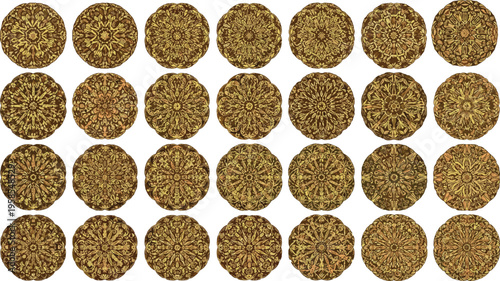 Golden circular patterns with intricate symmetrical arranged in a grid