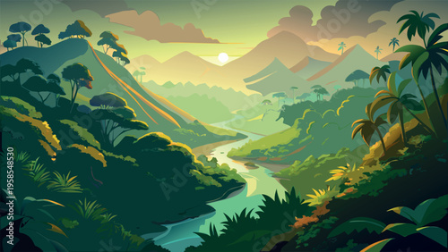 Tropical Jungle River Valley at Sunset Illustration
