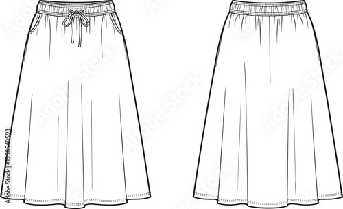 Technical line art illustration of a casual A-line midi skirt with drawstring elastic waistband and side pockets, fashion apparel template.