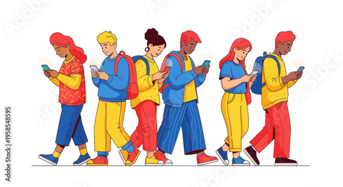 Diverse group of young people walking and using smartphones, connected generation