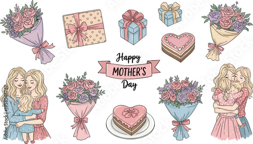 Happy Mothers Day with flowers gifts and hugging women bouquet roses
