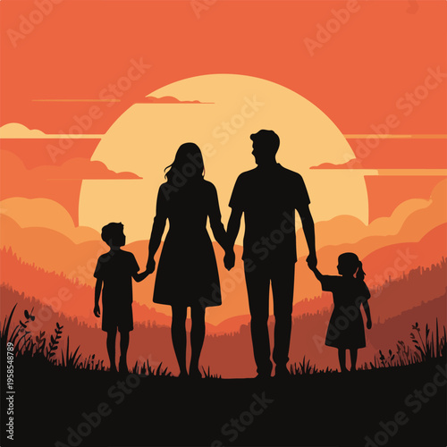 Happy Family Silhouette Walking Together at Sunset – Parents with Son and Daughter in Nature Landscape Vector Illustration