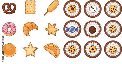Bakery and snack illustration set featuring donuts, croissants, cookies, pretzels, biscuits, and assorted sweet treats in colorful flat vector style