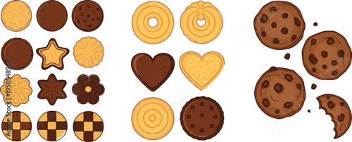 Assorted cookie illustration set featuring chocolate chip cookies, butter biscuits, heart shapes, and baked sweet snacks in detailed flat vector style