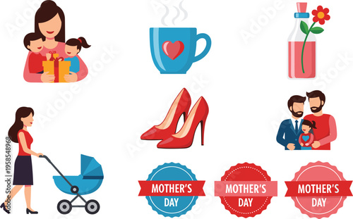 Mother's Day celebration with gifts, cup, shoes, and family heart