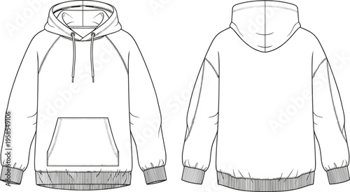 Technical line art illustration of a raglan sleeve pullover hoodie featuring front and back views for apparel design and templates.