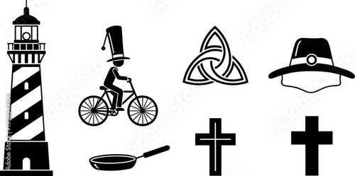 Black lighthouse silhouette set, cyclist wearing top hat icon, celtic trinity knot, religious cross symbols, vintage pilgrim hat, frying pan vector.