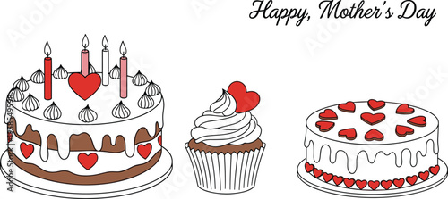 Three Heart Decorated Cakes and a Cupcake with Mother's Day Greeting heart decorations