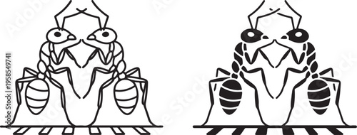 Stylized ant face icons - black and white vector graphics for insect and nature themes
