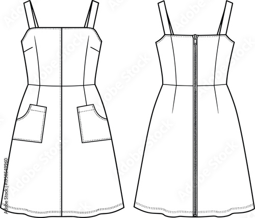 Technical line art illustration of a women's sleeveless pinafore dress with front pockets and back zipper, fashion apparel design template.