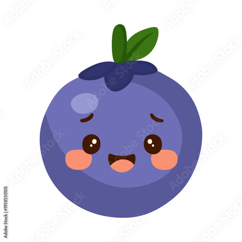 A cute cartoon blueberry with a smiling face and green leaves on top
