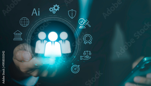 Photos Businessman holding smartphone with glowing human resources icons