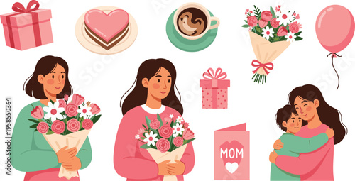 Women holding flowers and gifts with heart-shaped cake and coffee cup