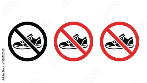 No shoes allowed sign illustration, prohibition icon set with footwear ban symbols for hospitals, offices, shops, and industrial workplace safety.