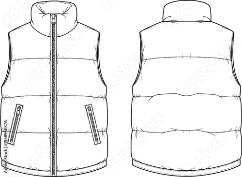 Technical puffer vest design template vector, sleeveless winter quilted gilet mockup with front and back view, black white apparel flat sketch