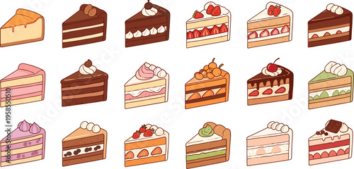 Cake slice illustration set featuring chocolate, strawberry, layered desserts, and assorted bakery pastries in colorful flat vector style