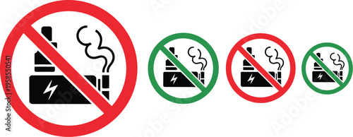 No vaping no smoking signs illustration, vector prohibition icons for cigarette and vape restrictions in public places and safety zones.