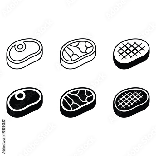 Meat icon set. Beef vector illustration. Steak symbol. BBQ sign. Raw meat pictogram. Grilled steak icon.