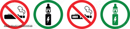 No smoking no vaping sign set illustration, prohibition symbols banning cigarette and vape use for public safety and workplace compliance.