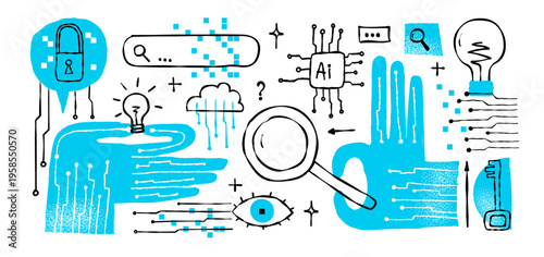 Creative AI Search Concept With Robotic Hands Finding Ideas And Digital Discovery