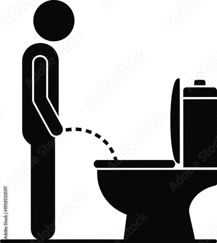 Black toilet pictogram of man urinating, male figure standing at bathroom commode, minimalist restroom instruction icon vector