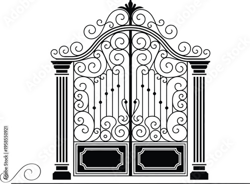 Wrought iron arch gate illustration, ornate decorative metalwork entrance with open archway for architectural design, garden gates, and classic exterior elements.
