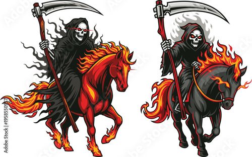 Grim Reaper on Flaming Horse Set - Skeleton Rider with Scythe and Hellfire Steed Vector Bundle