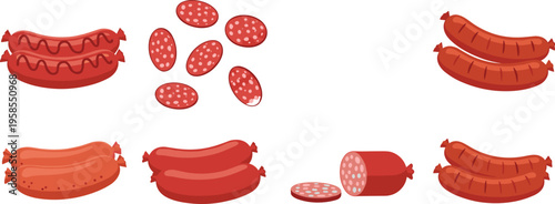 Sausage and salami illustration set featuring grilled sausages, sliced salami, and processed meat products in detailed flat vector style