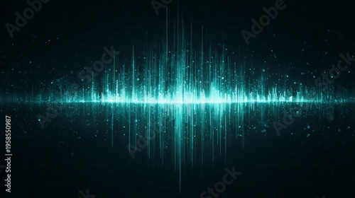 Glowing cyan sound wave visualization pulses across a dark background.