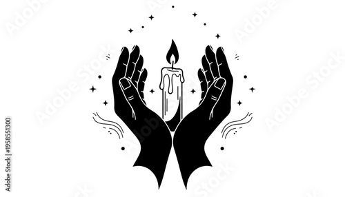 A mystical hand silhouette holding a candle with magic stars