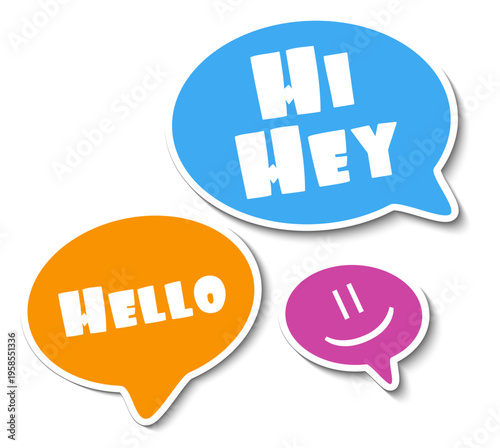 Hand drawn speech bubble. Set with text (Hand, hello, hi). Speech bubble colorful set in flat design. Vector illustration