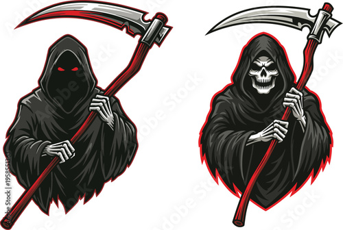 Grim Reaper Mascot Set - Dark Skeleton Angel of Death with Red Scythe Vector Bundle