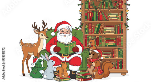 Santa Claus Reading to Woodland Animals by Bookshelf with Christmas Lights