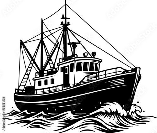 Ocean fishing boat silhouette vector illustration